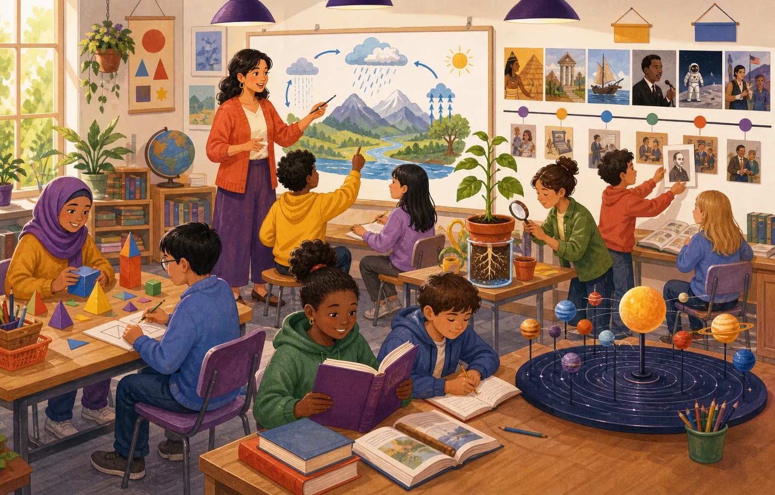 An illustrated classroom exploring science, mathematics, history, reading and the arts
